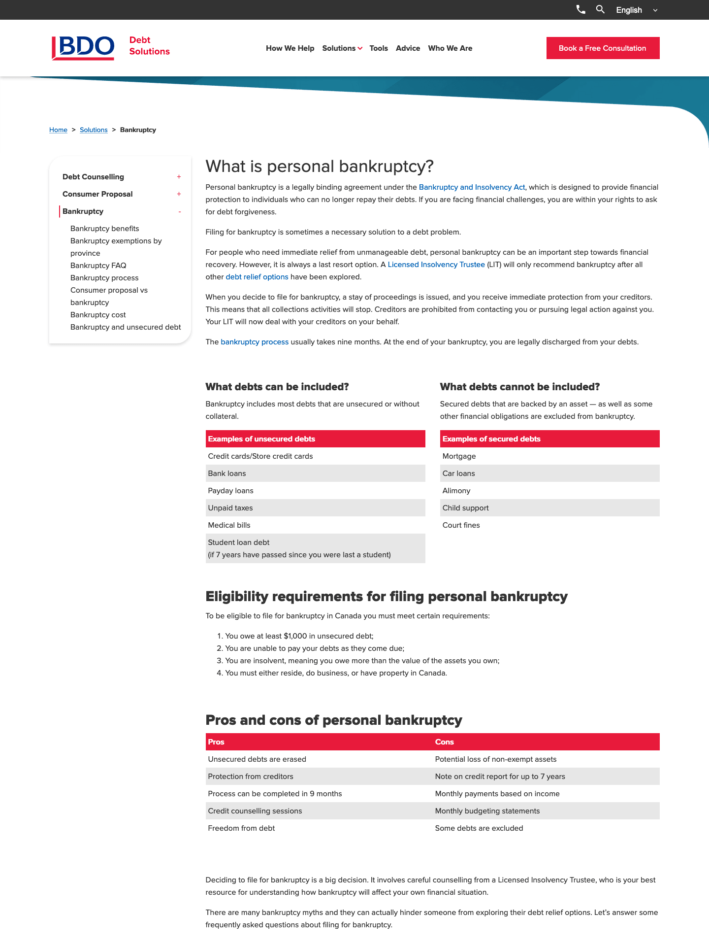 BDO Debt Bankruptcy Page